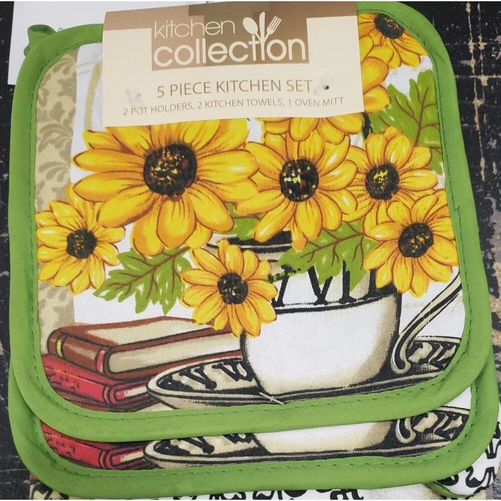 5pc Set: 2 Pot Holders, 1 Oven Mitt & 2 Same Towels, SUNFLOWERS & BOOKS,green,KC